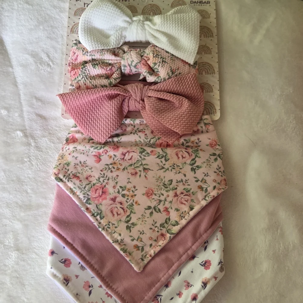 Baby Bow Headband Bandana Bib 6 Pack Gift Set Pink White Floral Danbar NWT
